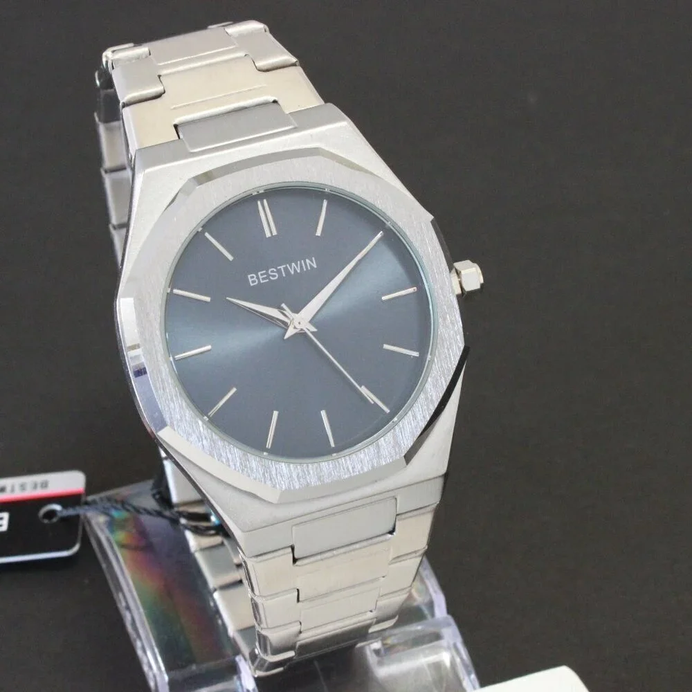 Men's Sports Watch Integrated Bracelet Silver Tone Blue Dial 41.5mm